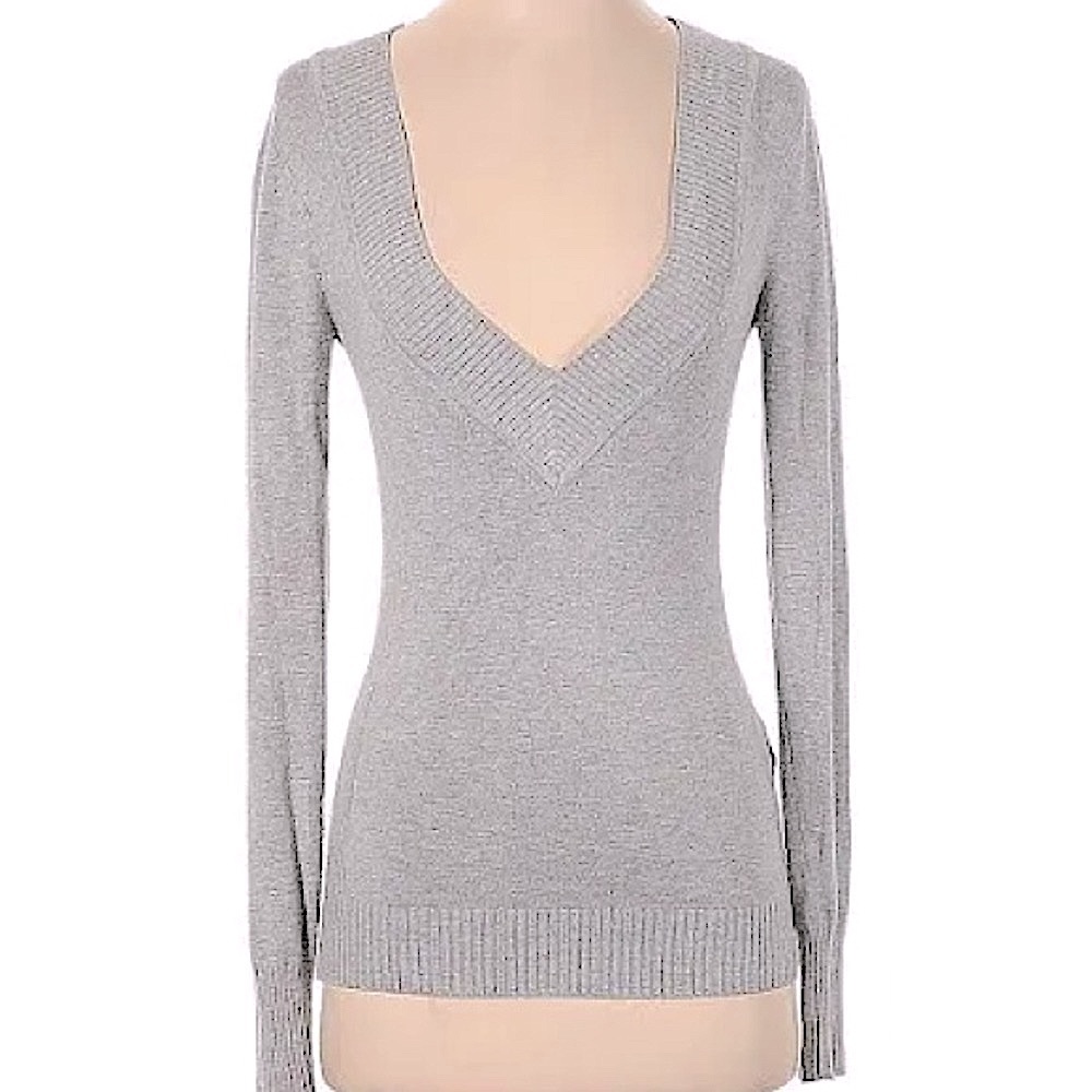 Express Light Gray Ribbed Knit Fitted Deep V-Neck Sweater, Women’s Size Small.